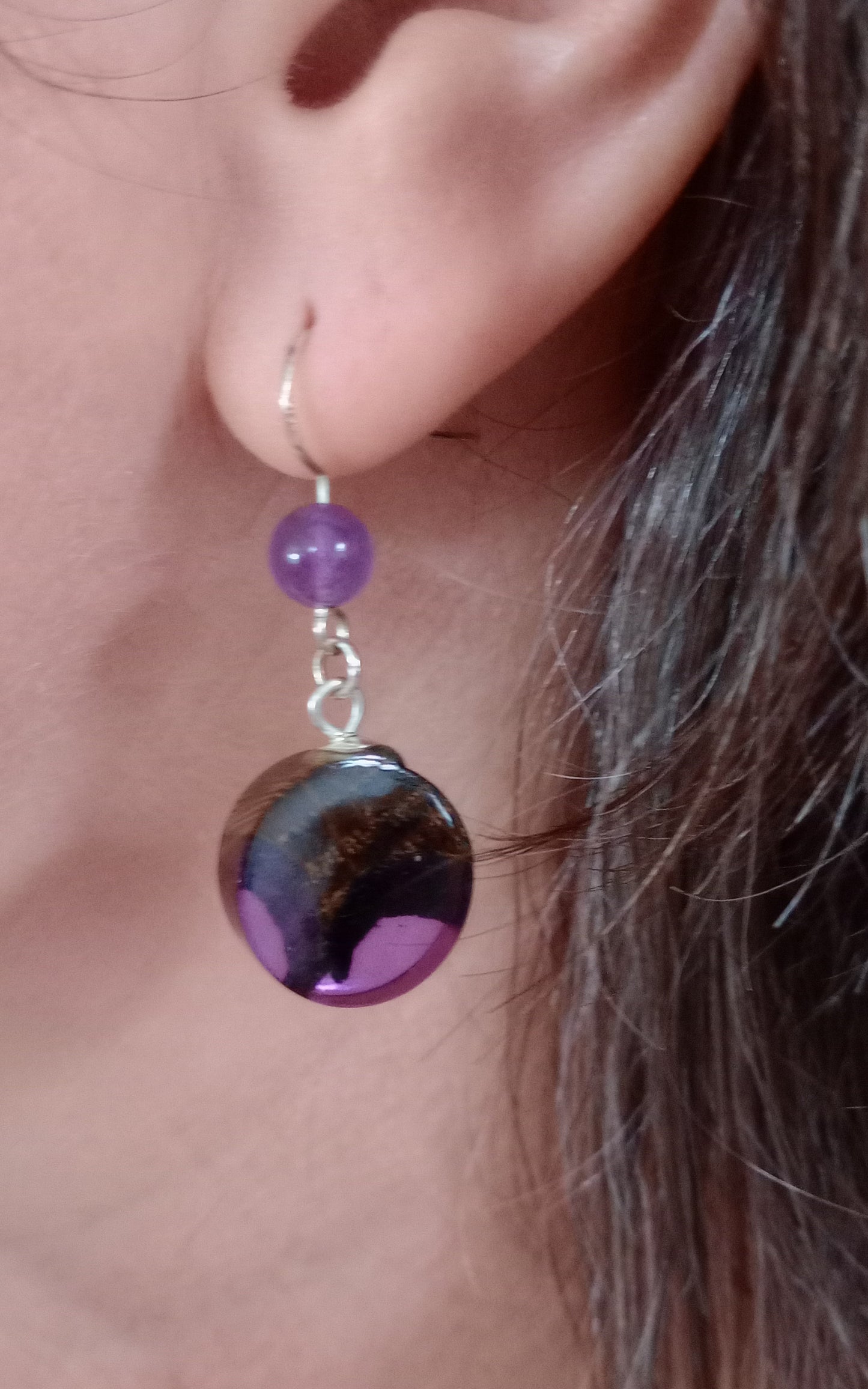 Driftwood and resin earrings with amethyst beads