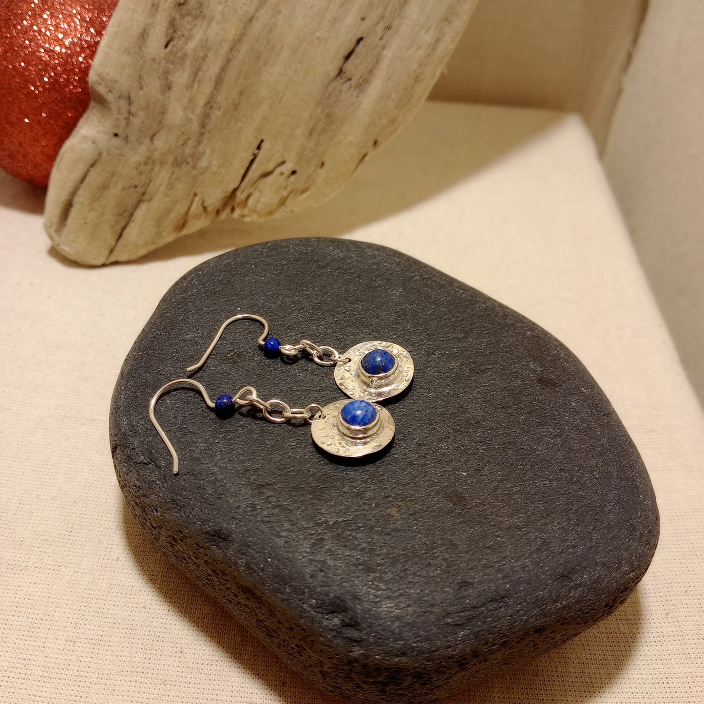 Lapis Lazuli earrings bezel set in hand hammered Sterling silver