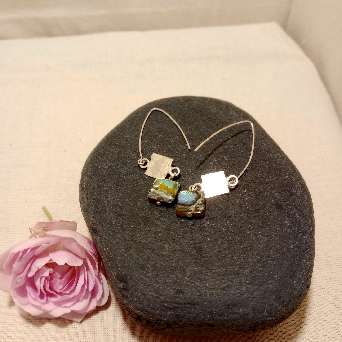 Abalone shell and hand hammered sterling silver earrings