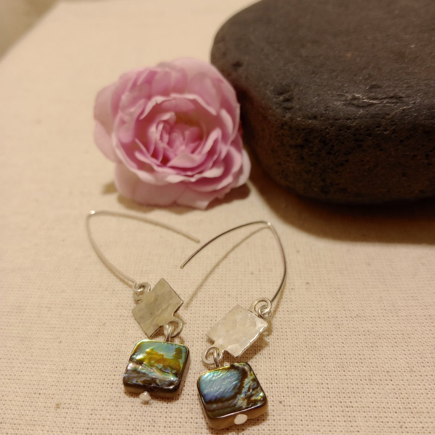 Abalone shell and hand hammered sterling silver earrings