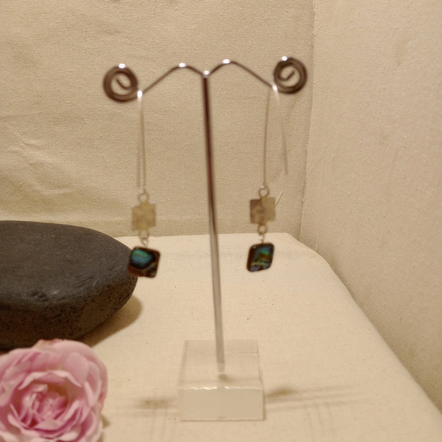 Abalone shell and hand hammered sterling silver earrings