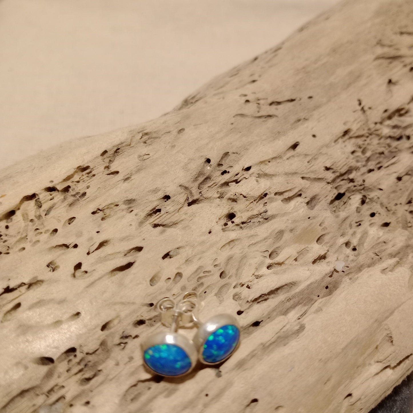 Blue opal(lab grown) sterling silver stud earrings