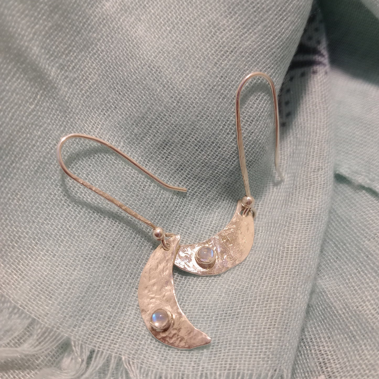 Hand hammered moons with moonstone earrings