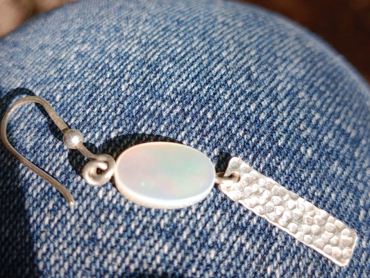 Hand hammered sterling silver earrings with mother of pearl