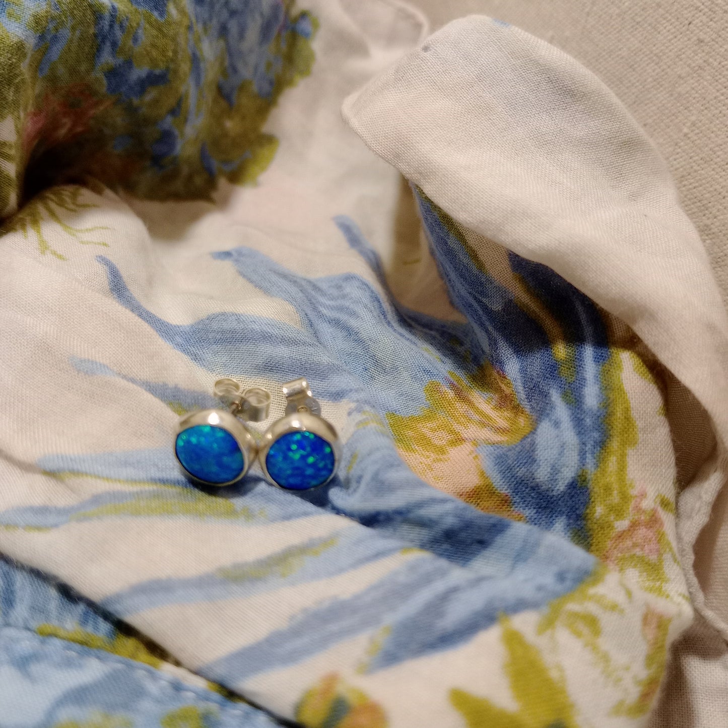 Blue opal(lab grown) sterling silver stud earrings