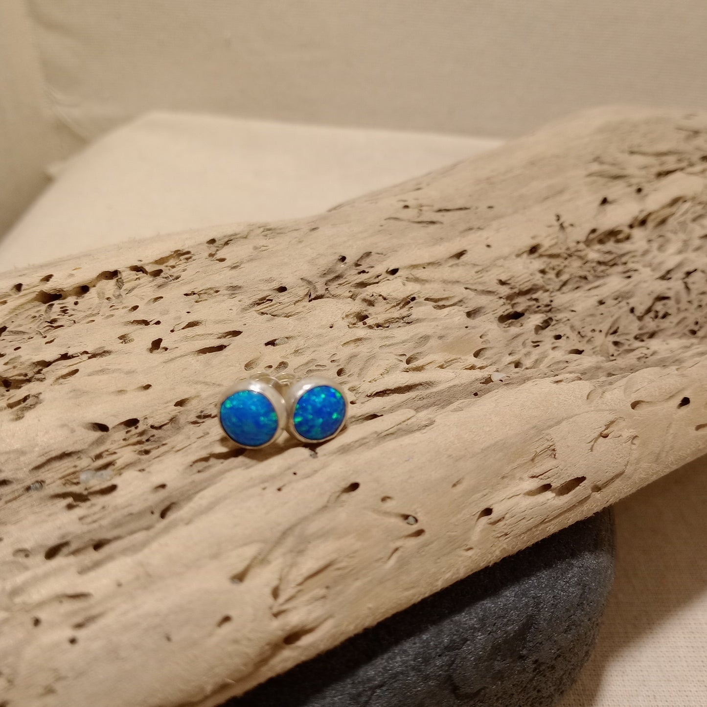Blue opal(lab grown) sterling silver stud earrings